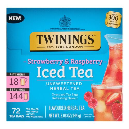 Twinings Strawberry and Raspberry Iced Tea, Unsweetened Herbal Tea, 72 Tea Bags, 5.08 oz