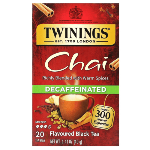 Twinings Flavored Black Tea, Chai, Richly Blended with Warm Spices, Decaffeinated, 20 Tea Bags, 1.41 oz