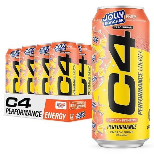 JOLLY RANCHER Peach Cellucor C4 Performance Energy Drink, Zero Sugar, 16 fl oz, 12 Pack