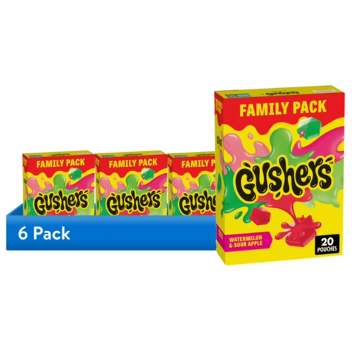 Gushers Fruit Flavored Snacks, Watermelon and Sour Apple, Family Pack, 20 Pouches, 6 Pack