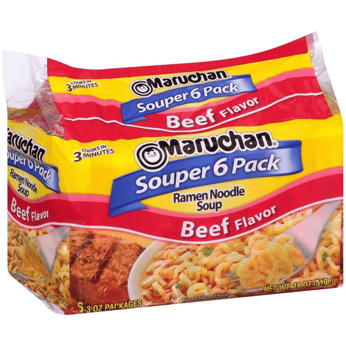 Maruchan Ramen Noodle Soup, Beef Flavor, Souper 6 Pack, Cooks in 3 Minutes, 18 oz