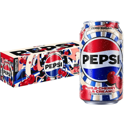 Pepsi Soda, Wild Cherry & Cream, Zero Sugar, 12 oz, 12 Cans