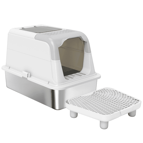 PawHut Extra Large Stainless Steel Enclosed Cat Litter Box with Scoop, Deodorizer Bag, Sand Drop Pedal, White and Gray
