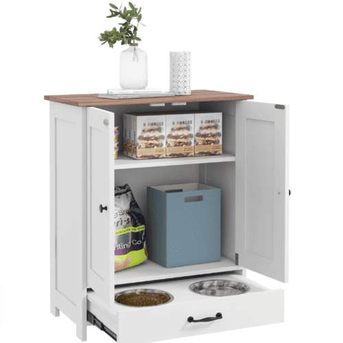 PawHut Pet Food Storage Cabinet with Bowls, Adjustable Panel, White