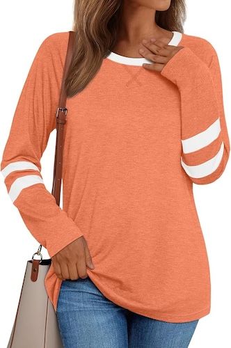 AUTOMET Womens Long Sleeve Shirts Color Block Casual Crewneck Tops