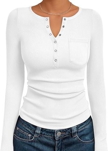 AUTOMET Womens Long Sleeve Shirts Henley Button