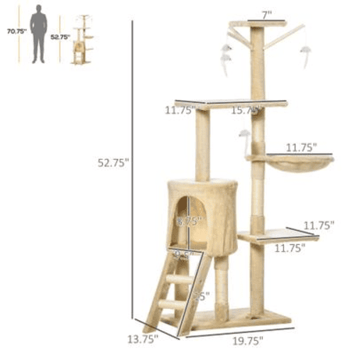 PawHut 53-in Sisal Plush Sturdy Interactive Cat Activity Tree, Beige