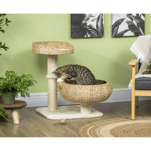 PawHut 28" Elevated Modern Small Cat Bed with Sisal Scratching Post, Cute Basket Design and Little Ball Toy