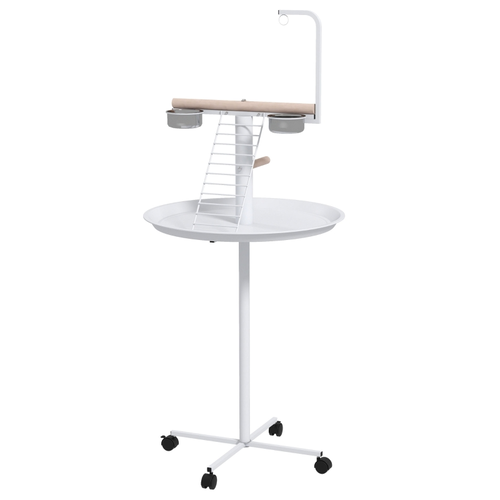 PawHut Bird Stand with Round Tray, Feed Bowls, Perches and Wheels, White