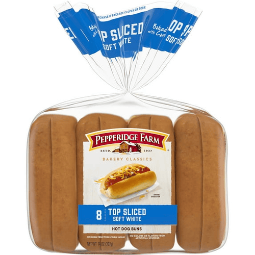 Pepperidge Farm Bakery Classics, Top Sliced Soft White Hot Dog Buns, No High Fructose Corn Syrup, No Colors or Flavors From Artificial Sources, 8 ct, 14 oz, Bag