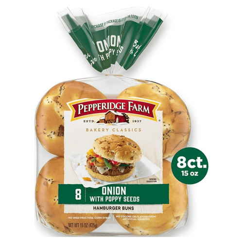 Pepperidge Farm Bakery Classics, Onion with Poppy Seeds, Hamburger Buns, 15 oz, 8 ct, Bag