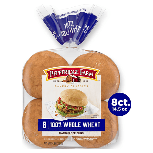 Pepperidge Farm Bakery Classics 100% Whole Wheat Hamburger Buns, 8 ct, 14.5 oz, Bag