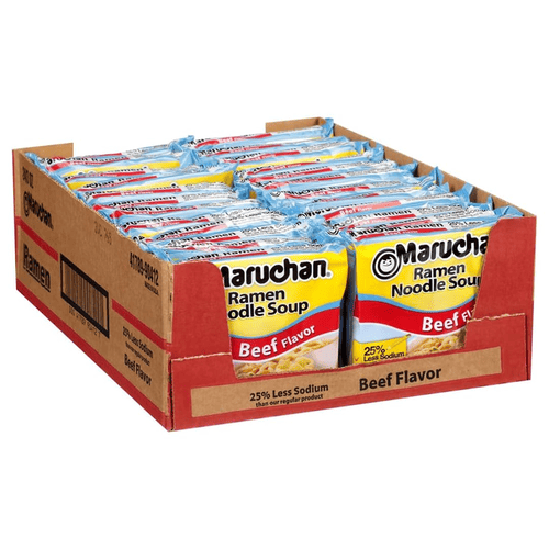 Maruchan Instant Ramen Noodle Soup, Beef Flavor, 25% Less Sodium, Ready to Eat Meals, 3 oz, 24 Count