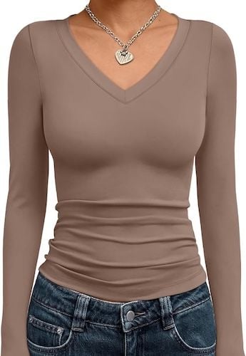 Trendy Queen Long Sleeve Shirts V Neck Crop Tops