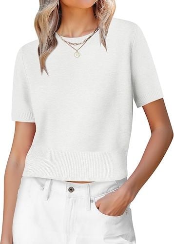 ANRABESS Womens Short Sleeve Sweaters Cropped Crew Neck