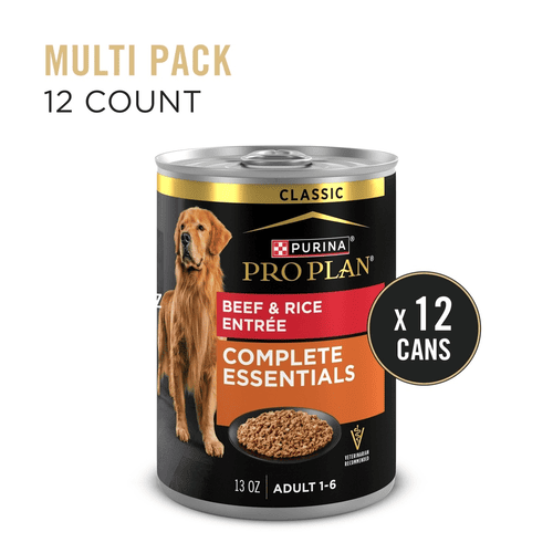 Purina Pro Plan Wet Dog Food, Beef & Rice Entree Complete Essentials for Adult 1-6, 13 oz, 12 Packs, Can