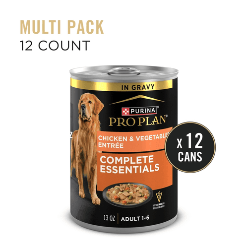 Purina Pro Plan Adult 1-6 Slices in Gravy Canned Dog Food, Chicken & Vegetables Entree Complete Essentials, 13 oz, Can, 12 Packs