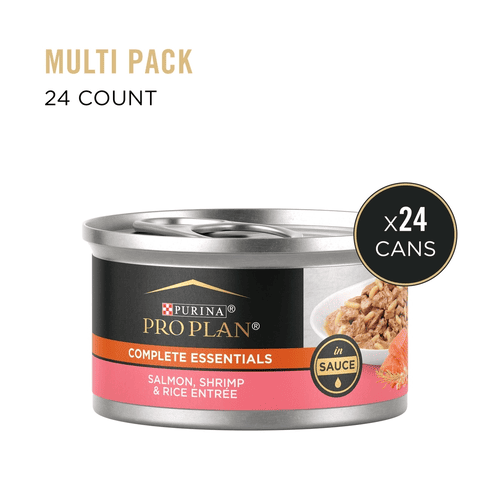 Purina Pro Plan Canned Adult Cat Food, Complete Essentials, Salmon, Shrimp & Rice Entrée in Sauce, 3 oz, 24 Packs
