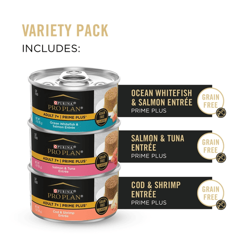 Purina Pro Plan Canned Cat Food, Adult 7+ Prime Plus Seafood Favorites Variety Pack, Cod & Shrimp, Ocean Whitefish & Salmon, Salmon & Tuna, 3 oz, 12 Packs