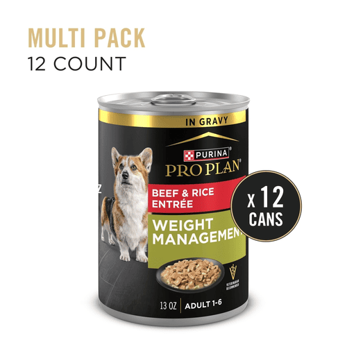 Purina Pro Plan Canned Dog Food, Weight Management Adult 1-6 High Protein Beef & Rice Entree, 13 oz, Can, 12 Cases