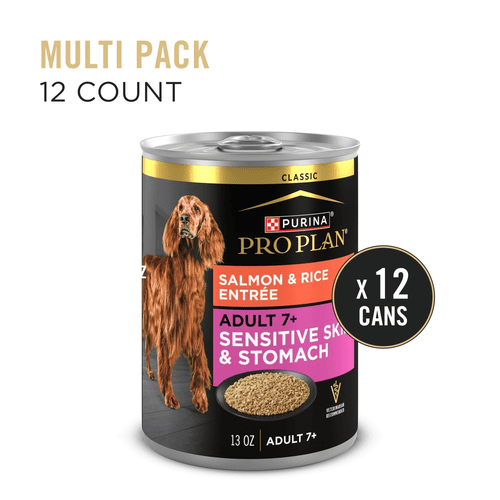 Purina Pro Plan Classic Wet Dog Food, Adult 7+ Sensitive Skin & Stomach Salmon & Rice Entree, 13 oz, Can, 12 Cases