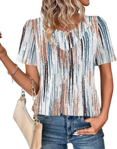 WIHOLL Womens Summer Shirts Pleated Crewneck Tees