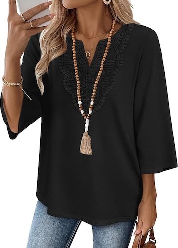 WIHOLL 3/4 Length Sleeve Womens Tops Boho V Neck