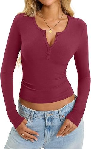 EasyGala Womens Cotton Long Sleeve Shirts V Neck Henley Tops Slim Fit