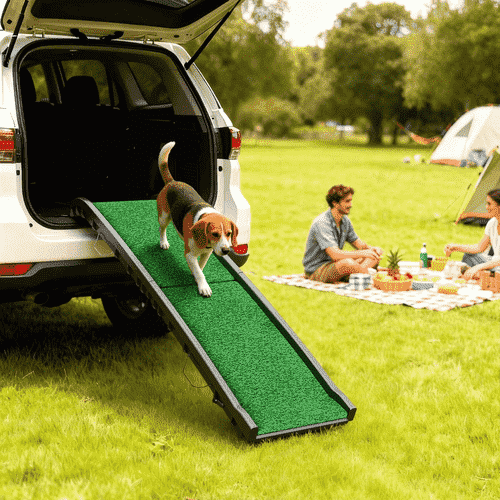 PawHut 61 x 15.2 x 6.1-in Black Folding Dog Car Ramp with Non Slip Grass Surface and Raised Side Rails