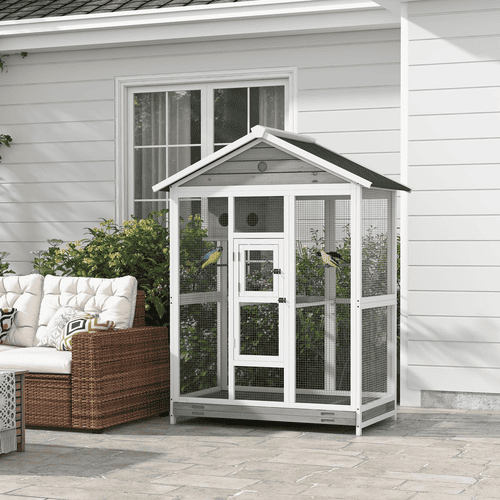 PawHut 50 x 28.75 x 64.5-in Gray Indoor/Outdoor Wooden Bird Cage with Slide-Out Tray