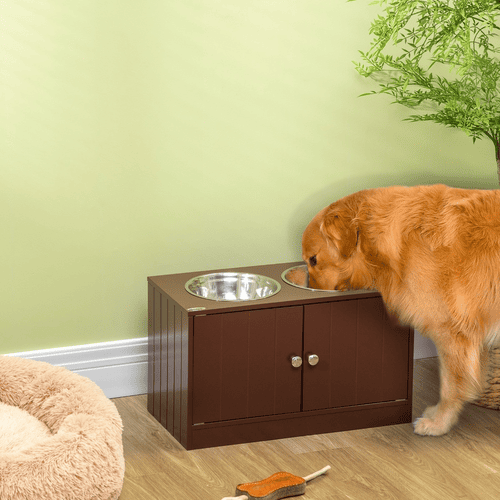 PawHut Large Brown Elevated Dog Bowls with Storage Cabinet