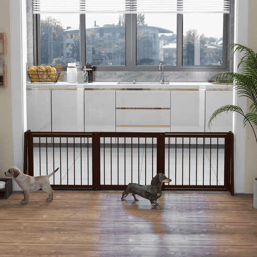 PawHut 74.8 x 15.2 x 22-in Brown Indoor Freestanding Wooden Dog Gate Extension with 28 to 75-in Retractable Length, Support Feet & Non-Slip Mats