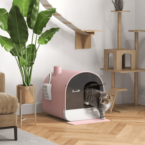 PawHut 17-in Pink Cat Litter Box with Lid, Scoop and Filter