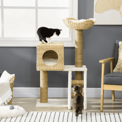 PawHut Cattail Weave Rattan Cat Tree, Natural Wood, 40-in