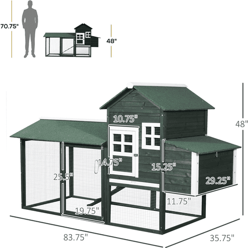 PawHut Green Elevated Wooden Chicken Coop with Lockable Doors, Outdoor Run and Nesting Box, 84-in