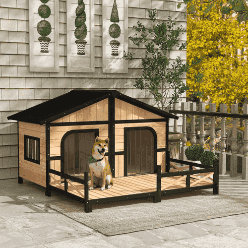 PawHut Outoor Wooden House for Dogs, Natural Wood, 59x63.5x39.25-in
