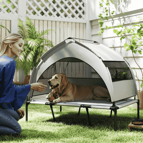 PawHut 42 x 30 x 37-in Gray Elevated Raised Dog Bed with Removable Canopy