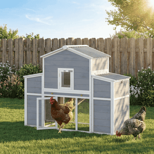 PawHut 66.5 x 28.7 x 52.8-in Gray Chicken Coop with Water-Resistant Roof, Sliding Tray & Ramp and 2 Nesting Boxes