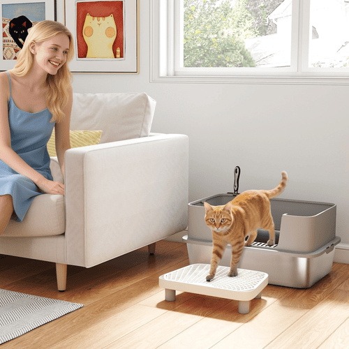 PawHut 23.7 x 15.8 x 11.6-in Gray Cat Litter Box with Scoop and Stainless Steel Metal High-Sided Pan