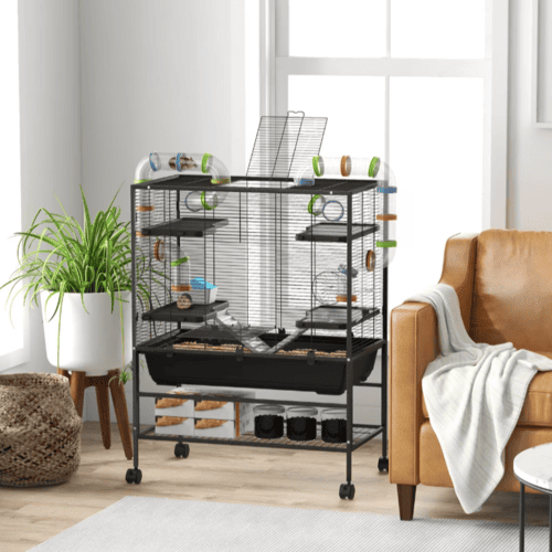 PawHut 18.1 x 32.3 x 42.9-in Black Wheeled Hamster Cage