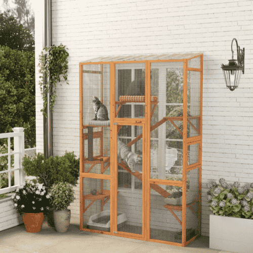 PawHut 63.8-in Orange Outdoor Enclosure Large Wooden Cat Condo with Jumping Platforms, Scratching Post, Ramps and Waterproof Roof