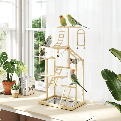 PawHut 18.9 x 15 x 37.4-in 4-Layer Wooden Parrot Play Stand with Tray, Ladders, Chain Toy and Stainless Steel Cups