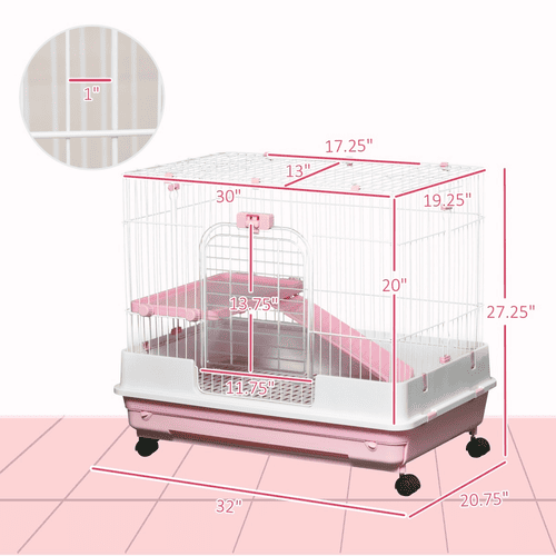 PawHut 32 x 20.75 x 26-in Pink 2-Level Small Animal Cage with Ramp, Platform, Wheels and Removable Tray