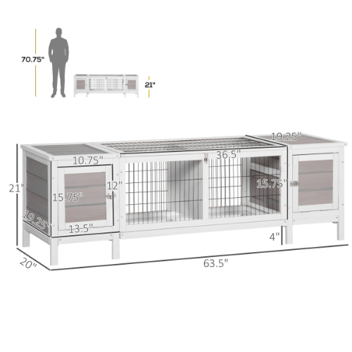 PawHut 63.5 x 20 x 21-in White Indoor Rabbit Hutch with Pull-Out Tray