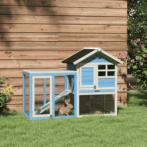 PawHut 48 x 20.75 x 36.25-in Sky Blue Wooden Waterproof Rabbit Hutch