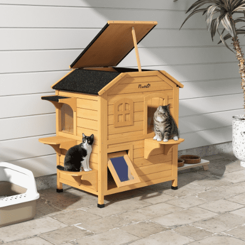 PawHut 30.75 x 21.75 x 35.75-in 2-tier Outdoor Cat House, Natural Wood