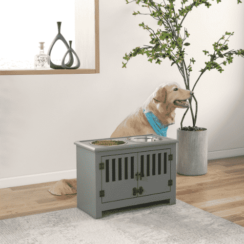 PawHut 23.5 x 11.75 x 17-in Stainless Steel Elevated Dog Bowls with Storage Cabinet, Gray