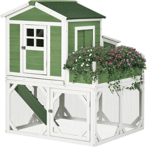 PawHut 42 x 43 x 48.75-in Elevated Wooden Chicken Coop with Lockable Doors, Outdoor Run, Planting Box and Nesting Box, Green