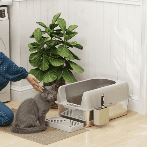 PawHut 23.7 x 16 x 11.4-in Light Gray High-sided Stainless Steel Cat Litter Box with Metal Scoop