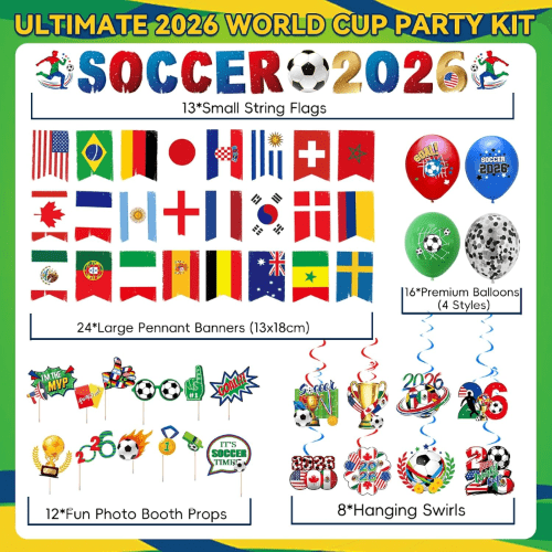CANCJ 2026 FIFA World Cup Soccer Decorations Party Set with 24 Nation Flags Banner, 12 Photo Booth Props, Hanging Swirls & Balloons